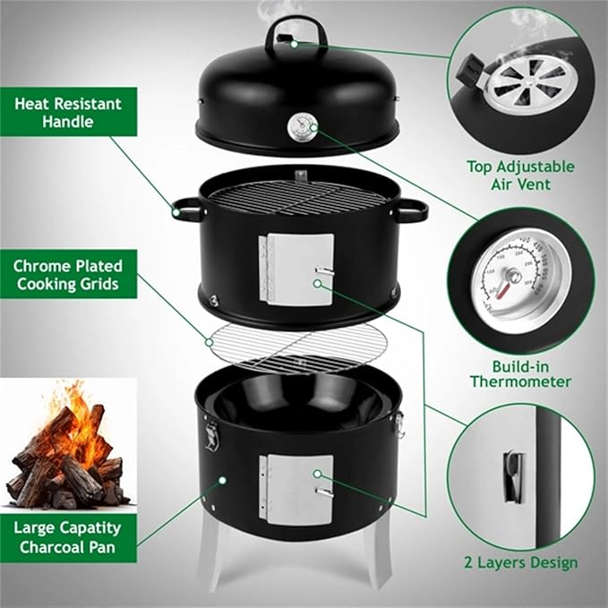 Portable Charcoal Grill, 17 "Grill for outdoor cooking, Heavy duty double circle grill for grilling, Smoker,Black steel vertical charcoal grill