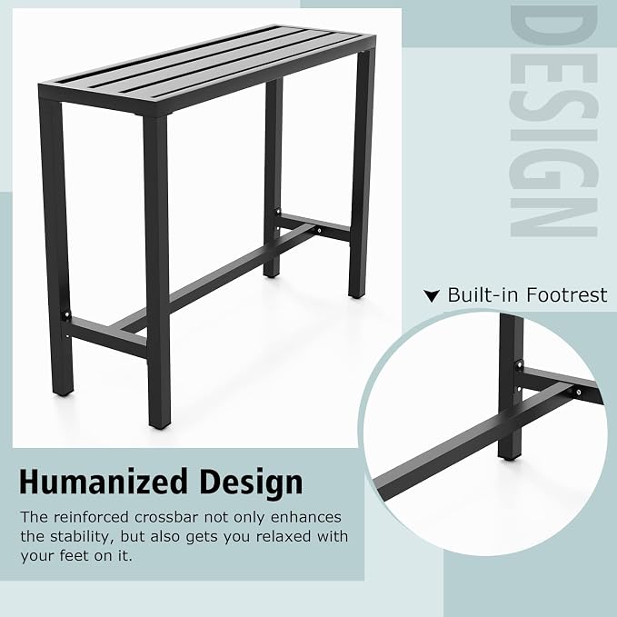 COSTWAY Outdoor Bar Table 48-inch Wide, Narrow Counter Height Dining Table with Waterproof Top and Heavy-Duty Metal Frame, Rectangular Pub Table for Hot Tub Garden Patio Backyard Poolside, Black | with Waterproof Top and Heavy-Duty Metal Frame, Rectang...