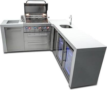 Mont Alpi Premium 82"W x 88"D Deluxe Stainless Steel Modular L-shaped Outdoor Kitchen Island with 2 Refrigerators + Beverage Center Faucet & Sink + 32"W 4-Burner BBQ Grill + Storage Cabinets & Drawers