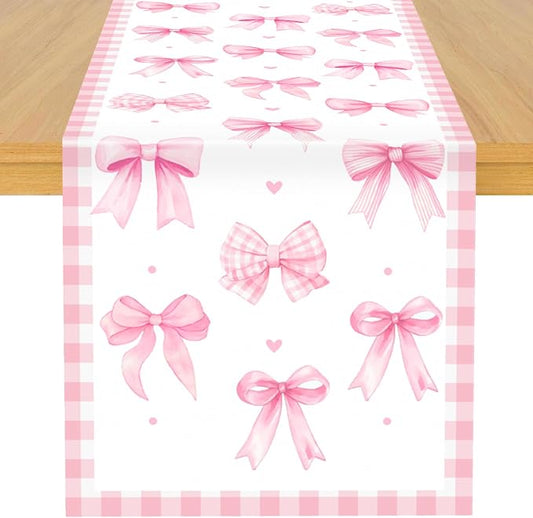 Pink Bow Theme Table Runner, Pink Linen Fabric Table Runner for Everyday Use 72 x 13 Inches, Washable Table Cover for Indoor Outdoor Kitchen Dining Table Home Decor