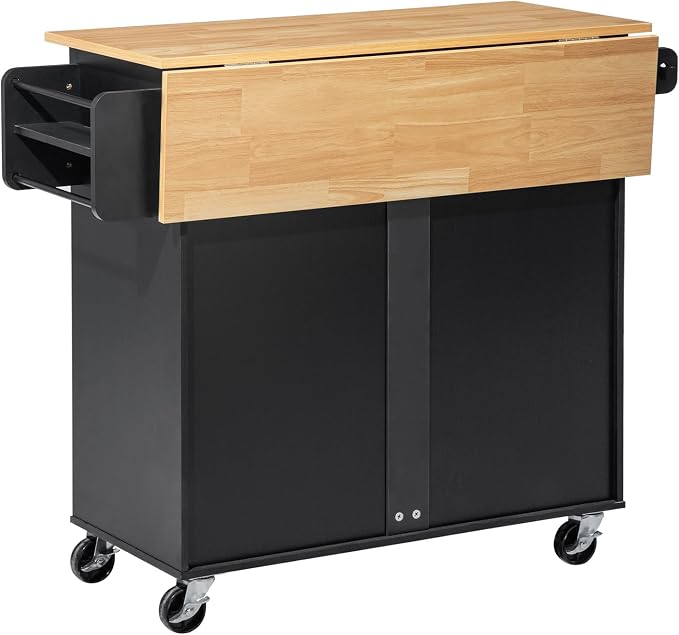 VEVOR Kitchen Island Cart with Storage, 42.28 in Wide Mobile Rolling Storage Island on Swivel Wheels, with Drawer, Storage Cabinet, Drop Leaf, Spice Rack, Table for Home Dining Room, Black