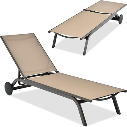 COSTWAY Outdoor Patio Chaise Lounge, 6-Position Adjustable Pool Lounger | with Stable Aluminum Frame, Portable Sun Bathing Lounge Chair on Wheels for Backyard Garden, Brown