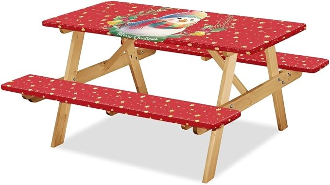 Camping Tablecloth with Elastic Band for Camping Party Supplies Christmas Snowman Picnic Table Cover with Bench Covers 3 PCS