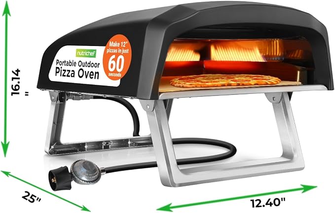 NutriChef Portable Outdoor Gas Pizza Oven - Includes Foldable Feet, Adjustable Heat Control Dial, Burner, Stone & Regulator Hose - Cooks 12" Pizza in 60 Seconds - 25.24'' x 16.14'' x 12.40'' IN