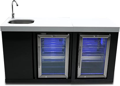Mont Alpi Bar Series MA-BEVBSSFC Modular Black Stainless Steel Double Outdoor Rated Refrigerator Wine Cooler Beverage Center with Granite Countertops with Blue LED Lighting + Faucet & Sink