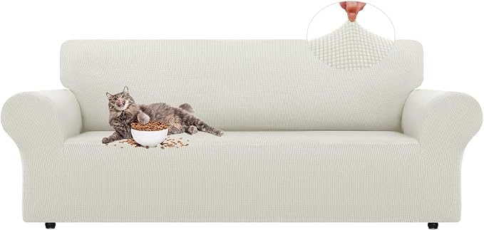 LURKA Stretch Couch Cover for Sofa, 1 Piece 3 Cushion Slipcover, Ivory | Soft Stretch Jacquard, Fits 78"-94" Sofas, Elastic Bottom for Secure Fit, Machine Washable, Pet & Kid Friendly