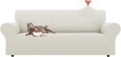 LURKA Stretch Couch Cover for Sofa, 1 Piece 3 Cushion Slipcover, Ivory | Soft Stretch Jacquard, Fits 78"-94" Sofas, Elastic Bottom for Secure Fit, Machine Washable, Pet & Kid Friendly