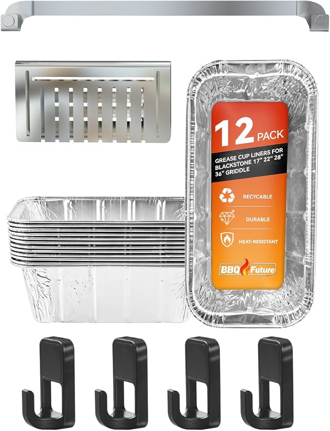 Griddle Accessories Set for Blackstone 17 22 28 36 Inch, BBQ Grill Parts | 12 Aluminum Grease Cup Liners, 10" Stainless Steel Magnetic Tool Holder, Rear Grease Gate Blocker and 4 Magnetic Hooks