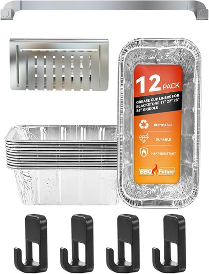 Griddle Accessories Set for Blackstone 17 22 28 36 Inch, BBQ Grill Parts | 12 Aluminum Grease Cup Liners, 10" Stainless Steel Magnetic Tool Holder, Rear Grease Gate Blocker and 4 Magnetic Hooks