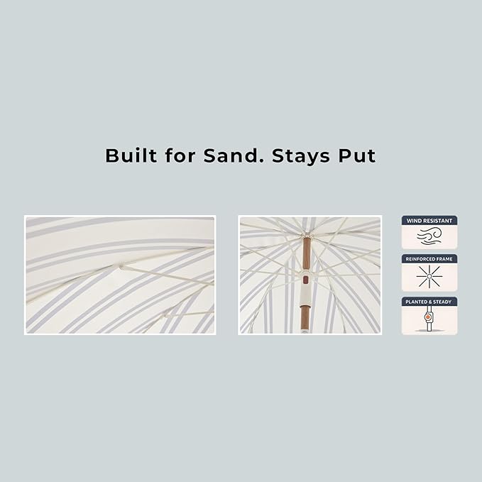 6FT Striped Fringe Beach Umbrella, Sand Anchor, UPF 50+ Sun Shade | Adjustable Tilt & Portable Design, Coastal Umbrella for Beach & Patio, Heritage Ocean Blue Stripe