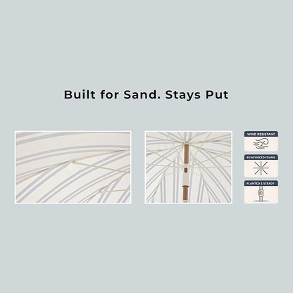 6FT Striped Fringe Beach Umbrella, Sand Anchor, UPF 50+ Sun Shade | Adjustable Tilt & Portable Design, Coastal Umbrella for Beach & Patio, Heritage Ocean Blue Stripe