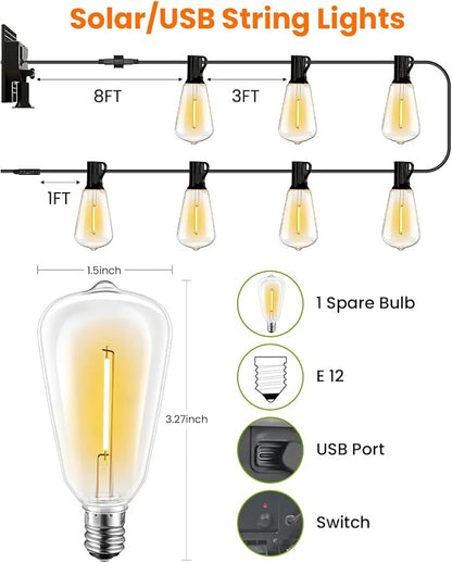 VOLIVO 54FT ST38 Solar String Lights Waterproof Outdoor Patio Lights | with Remote & USB Port, 16+1 LED Shatterproof Bulbs, 8 Lighting Modes, Dimmable Solar Light for Camping Backyard Garden