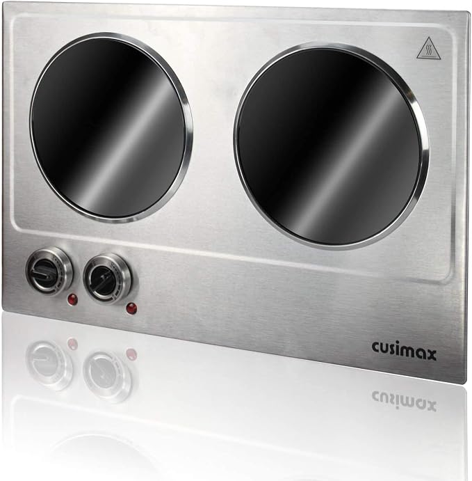 CUSIMAX 1800W Ceramic Electric Hot Plate for Cooking, Double Burner, Silver | Dual Control Infrared Cooktop, Portable Countertop Burner, Glass Plate Electric Cooktop, Stainless Steel