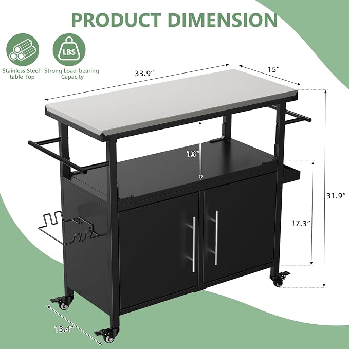 KEIKI Outdoor Grill Cart with Stainless Steel Top, Storage Cabinet & Wheel