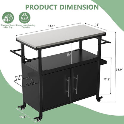 KEIKI Outdoor Grill Cart with Stainless Steel Top, Storage Cabinet & Wheel