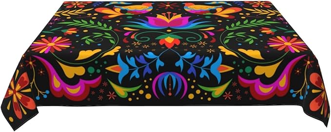 Mexican Floral Table Cloth, Waterproof Mexican Flower Tablecloth for Kitchen Dining Room, Picnic Party, Weddings, Outdoor Indoor 54x72 in Rectangle Black Table Cover