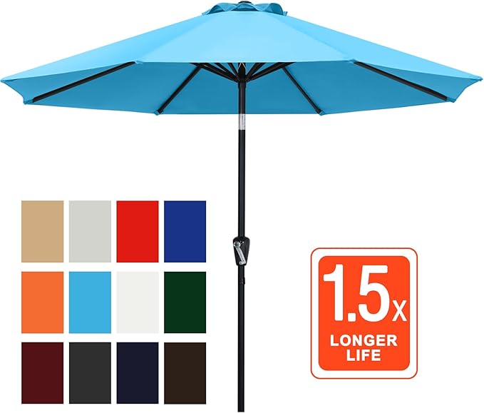 ABCCANOPY 9FT Outdoor Patio Umbrella, 8 Ribs Table Umbrella w/Crank for Easy Set Up, Suitable for Garden, Lawn, Deck & Backyard (Turquoise)