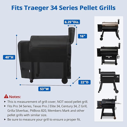 SunPatio Outdoor Heavy Duty Waterproof Grill Cover Compatible with Traeger 34 Series Wood Pellet Grill and Smoker, Texas and More, Full Length Barbecue Cover, All Weather Protection, Black