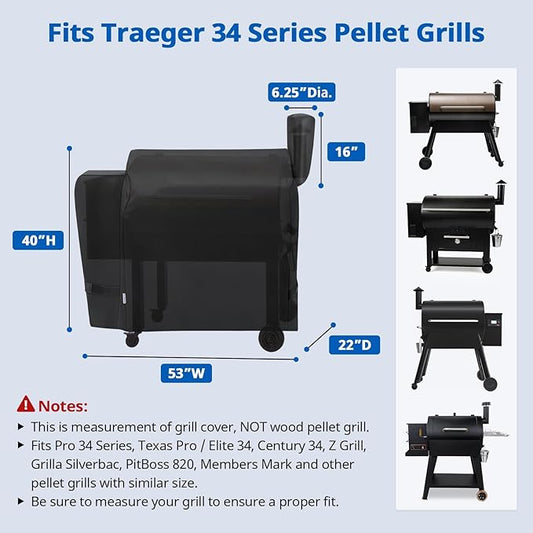 SunPatio Outdoor Heavy Duty Waterproof Grill Cover Compatible with Traeger 34 Series Wood Pellet Grill and Smoker, Texas and More, Full Length Barbecue Cover, All Weather Protection, Black