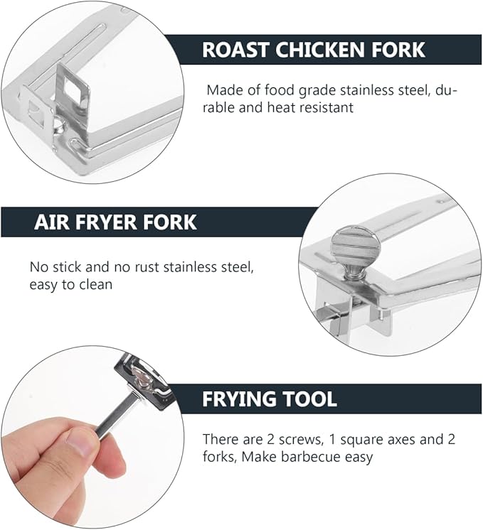 ABOOFAN Stainless Steel Rotisserie Fork for Air Fryer Grill Roasted Chicken Holder with Stable Bracket for Bbq Outdoor Cooking 15.74X1.77X0.98 Inches