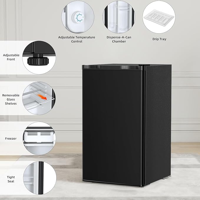 COWSAR 3.2 Cu.Ft Mini Fridge with Freezer, Freestanding Compact Refrigerator with Reversible Door & 7-Speed Thermostat, Small Fridge for Office, Apartment, Gameroom (BLACK)