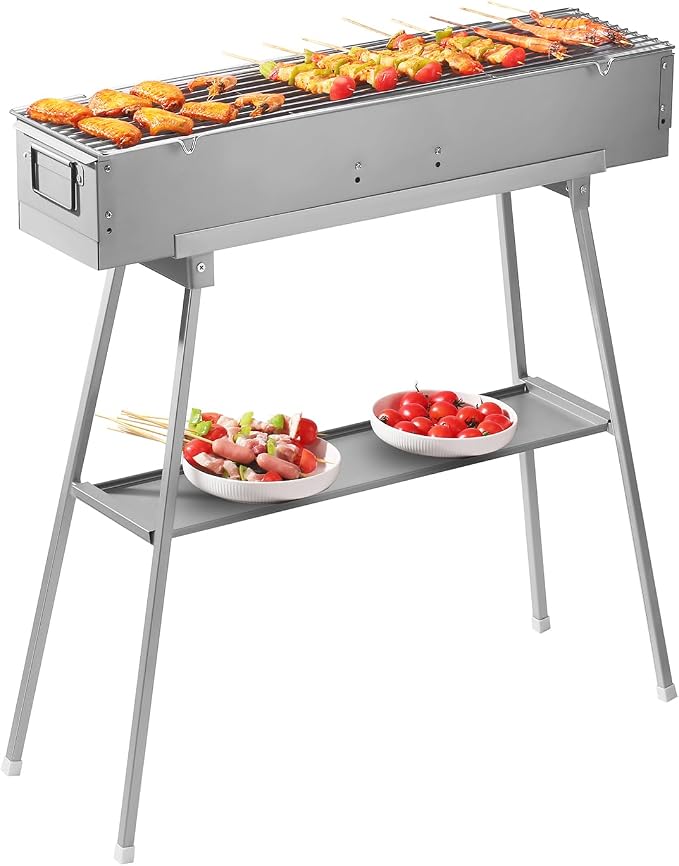 31.5’’ Portable Charcoal Grill Folding BBQ Grill for Outdoor Grilling Cooking Camping Hiking Picnics Tailgating Backpacking Party, With Excellent Ventilation Design, Matte Sliver