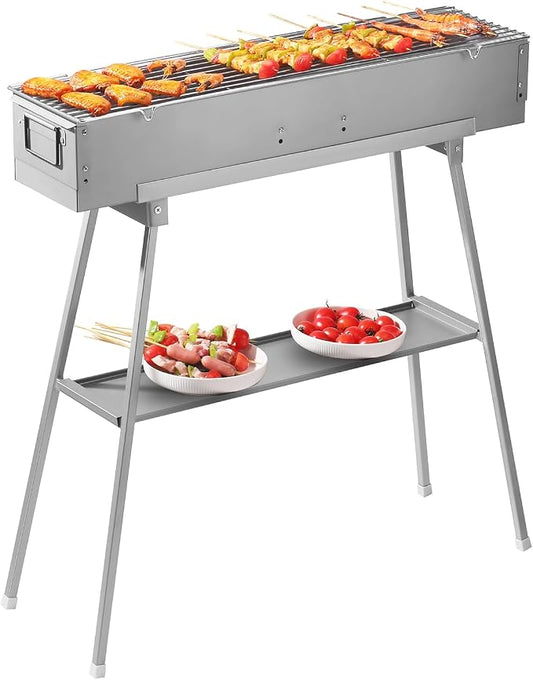 31.5’’ Portable Charcoal Grill Folding BBQ Grill for Outdoor Grilling Cooking Camping Hiking Picnics Tailgating Backpacking Party, With Excellent Ventilation Design, Matte Sliver