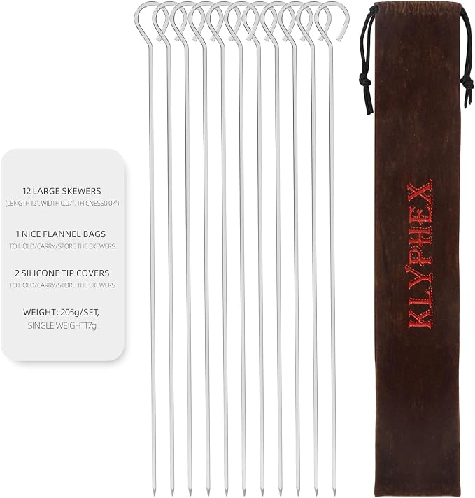 12" 12 Pack - Metal Skewers Reusable Kabob Skewers BBQ Barbecue Skewers for Grilling, Stainless Steel