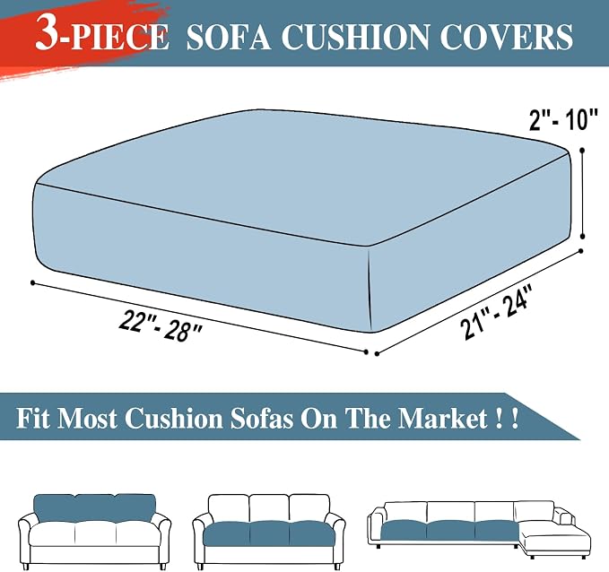 LA MEACK Couch Cushion Covers Seat Cushion Cover Stretch Couch Cover Separate Sectional Sofa Slipcovers Furniture Protector(3 Pieces for Seat or Sofa Backrest, Blue)