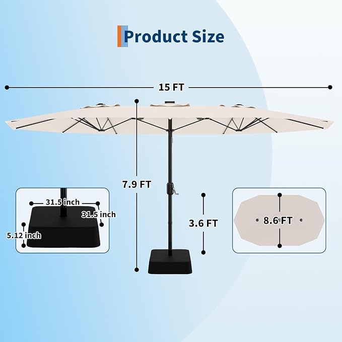 Garvee 15FT Rectangular Outdoor Umbrella Patio Umbrella with Base Included Large Market Umbrellas with Crank Handle UV Protection Table Umbrellas for Outdoor, Backyard, Deck, Poolside, Beige