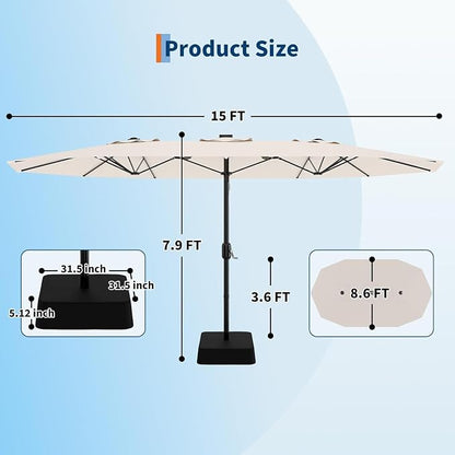 Garvee 15FT Rectangular Outdoor Umbrella Patio Umbrella with Base Included Large Market Umbrellas with Crank Handle UV Protection Table Umbrellas for Outdoor, Backyard, Deck, Poolside, Beige