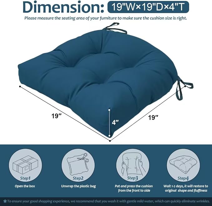 Outdoor Chair Cushions Set of 2, 19"x19" Tufted Outdoor Seat Cushions, Waterproof Patio Furniture Cushions,Navy Blue
