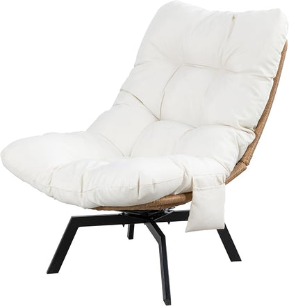 Shintenchi Outdoor Rattan Swivel Chair,Nature Wicker Patio Rotating Chair with Beige Thickened Cushion and Side Pocket,360° Rotation Patio Lounge Chairs for Living Room Bedroom Backyard Balcony
