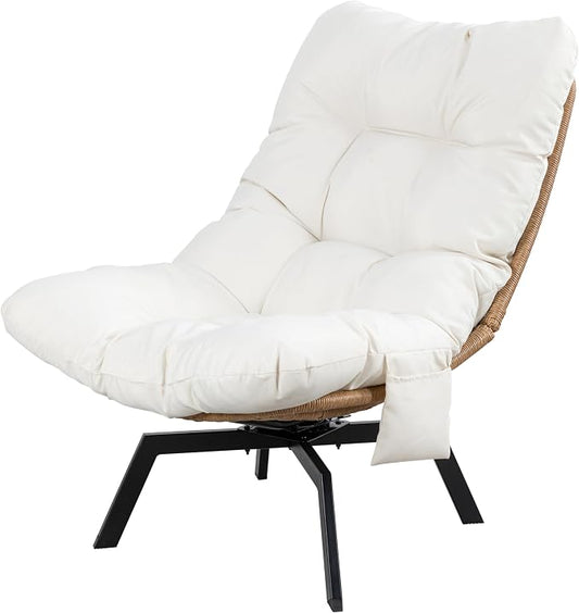 Shintenchi Outdoor Rattan Swivel Chair,Nature Wicker Patio Rotating Chair with Beige Thickened Cushion and Side Pocket,360° Rotation Patio Lounge Chairs for Living Room Bedroom Backyard Balcony