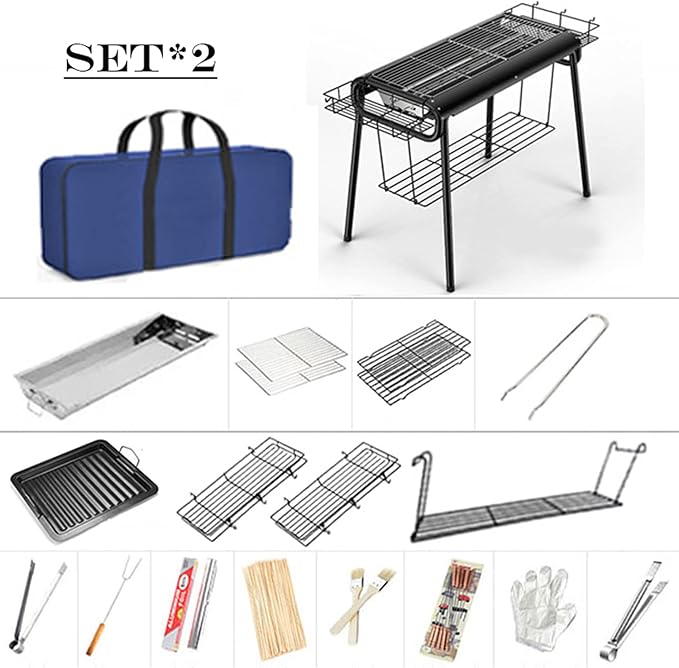 Barbecue Grill Portable BBQ Charcoal Grill Set for Camping Picnic Stainless Steel Barbecue Outdoor Backyard Cooking,Set*2
