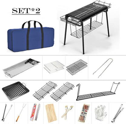 Barbecue Grill Portable BBQ Charcoal Grill Set for Camping Picnic Stainless Steel Barbecue Outdoor Backyard Cooking,Set*2