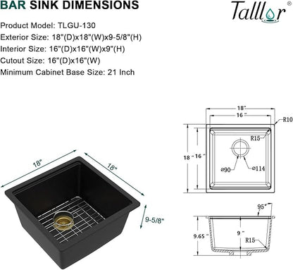 18x18 Inch Undermount Bar Sink Workstation - Matte Black Granite Composite Single Bowl Classic Quartz Under Counter Small Wet Prep Sink for Kitchen Bar, RV, and Boat #TLGU-130