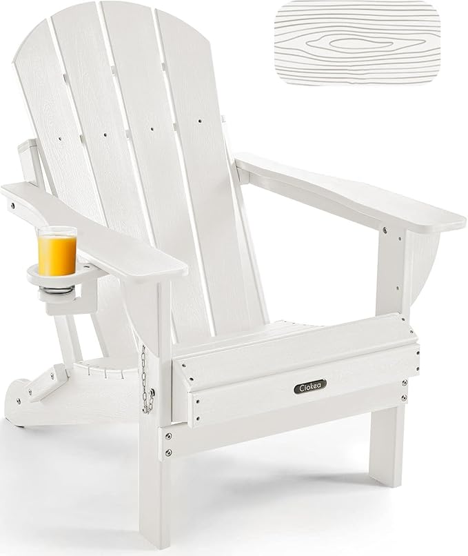 Ciokea Folding Adirondack Chair Wood Texture, Patio Adirondack Chair Weather Resistant, Plastic Fire Pit Chair with Cup Holder, Lawn Chair for Outdoor Porch Garden Backyard Deck (White)