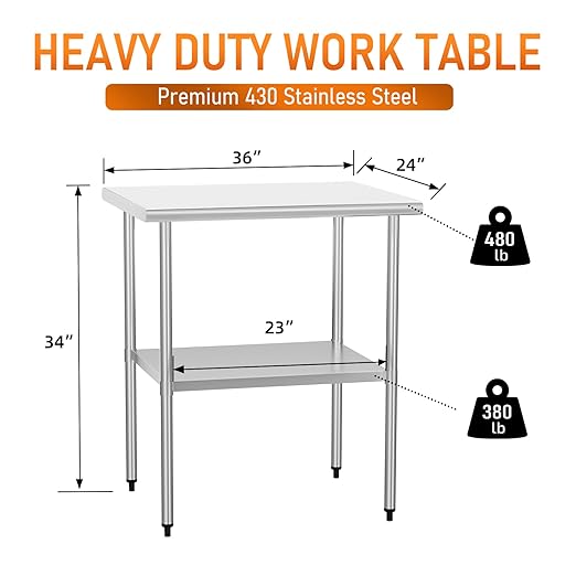 Stainless Steel Table for Food Prep & Work 24 x 30 inches Utility Table with Adjustable Undershelf, Commercial Workstation in Kitchen, Garage, Laundry, Outdoor BBQ