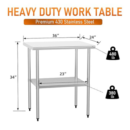 Stainless Steel Table for Food Prep & Work 24 x 30 inches Utility Table with Adjustable Undershelf, Commercial Workstation in Kitchen, Garage, Laundry, Outdoor BBQ