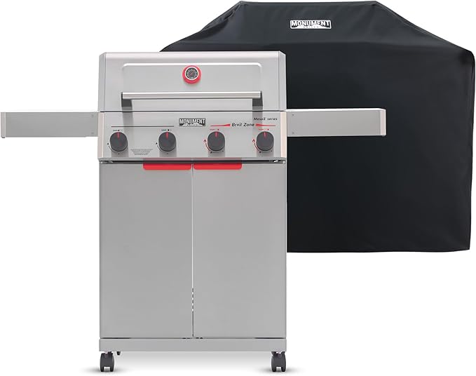 Monument Grills 4 Burner Stainless Steel Propane Mesa 2 Gas Grill, 500°F in 5 Mins, 525 sq.in, 37,000 BTU, Broil Zone, Foldable Side Shelves, Knob Controls, Built in Thermometer, with Grill Cover
