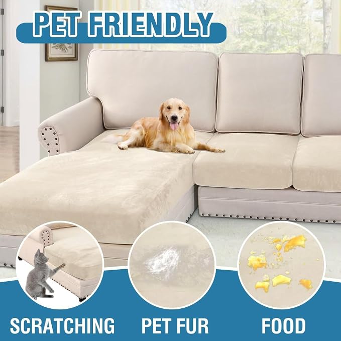 H.VERSAILTEX Velvet Stretch Sectional Couch Covers 4 Pieces Sofa Seat Cushion Covers L Shape Separate Couch Cover for Both Left/Right Sectional Couch (Large Sofa 3 Seater + 1 Chaise, Cream)