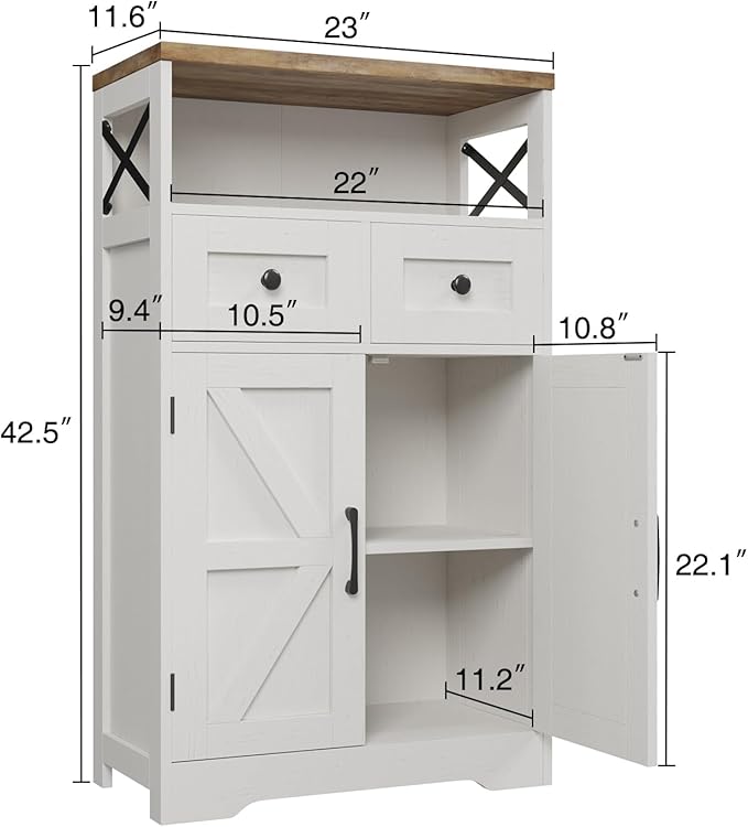 Befrases Set of 2 Farmhouse Storage Cabinet with Barn Doors and Drawers, Freestanding Kitchen Pantry, Floor Storage Cabinet Hutch Cupboard for Kitchen, Laundry, Living Room, White