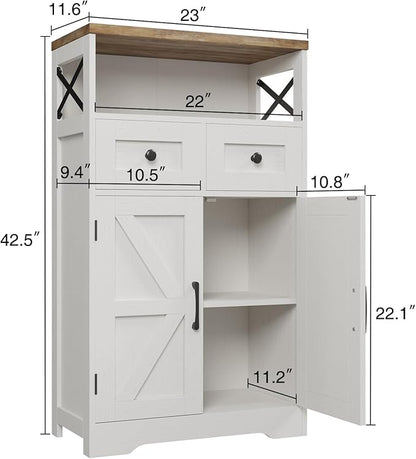 Befrases Set of 2 Farmhouse Storage Cabinet with Barn Doors and Drawers, Freestanding Kitchen Pantry, Floor Storage Cabinet Hutch Cupboard for Kitchen, Laundry, Living Room, White