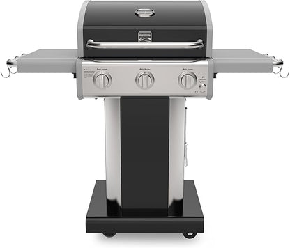 Kenmore 3-Burner Propane BBQ Grill, 30,000 BTUs Gas Grill with Cast Iron Cooking Grates, Folding Side Tables & Wheels, Outdoor Grill with Tool Hooks, Black
