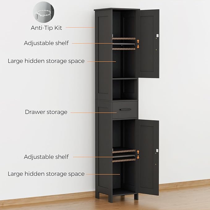 Homhedy 67" H Tall Bathroom Storage Cabinet with Barn Doors and Drawer | Narrow Storage Unit with Adjustable Shelves, Floor Cabinet for Bathroom, Living Room, Entryway or Kitchen, Black, 11.8" W