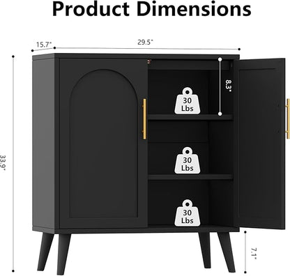Keehusux 15.7" D Black Storage Cabinet with 2 Doors & Adjustable Shelf | Accent Buffet Sideboard Solid Wood Legs, Coffee Bar, Modern Floor Storage Cabinet for Kitchen, Living Room