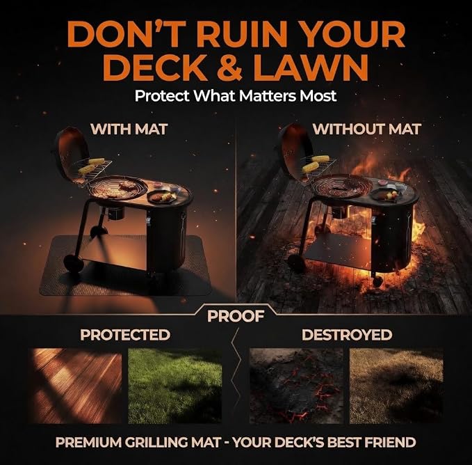 76 x 48 Grill Mat for Outdoor Grill, 32 mil Fire Resistant BBQ Pad | 32 mil XL under grill mat with fiberglass core; silicone fire coating helps protect decks, patios and fire pit areas.