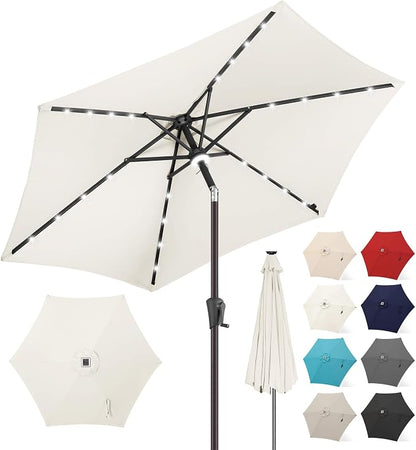 FLAME&SHADE Solar Patio Umbrella with Centre Light, 7.5 FT Ivory | UV Protection, Small Solar Outdoor Umbrella for Porch, Deck, Backyard, Garden, Provides Evening Lighting, 24 LED Lights
