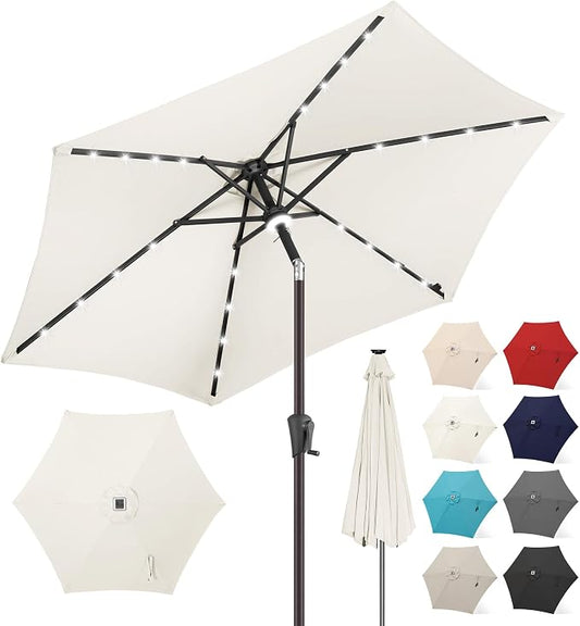 FLAME&SHADE Solar Patio Umbrella with Centre Light, 7.5 FT Ivory | UV Protection, Small Solar Outdoor Umbrella for Porch, Deck, Backyard, Garden, Provides Evening Lighting, 24 LED Lights